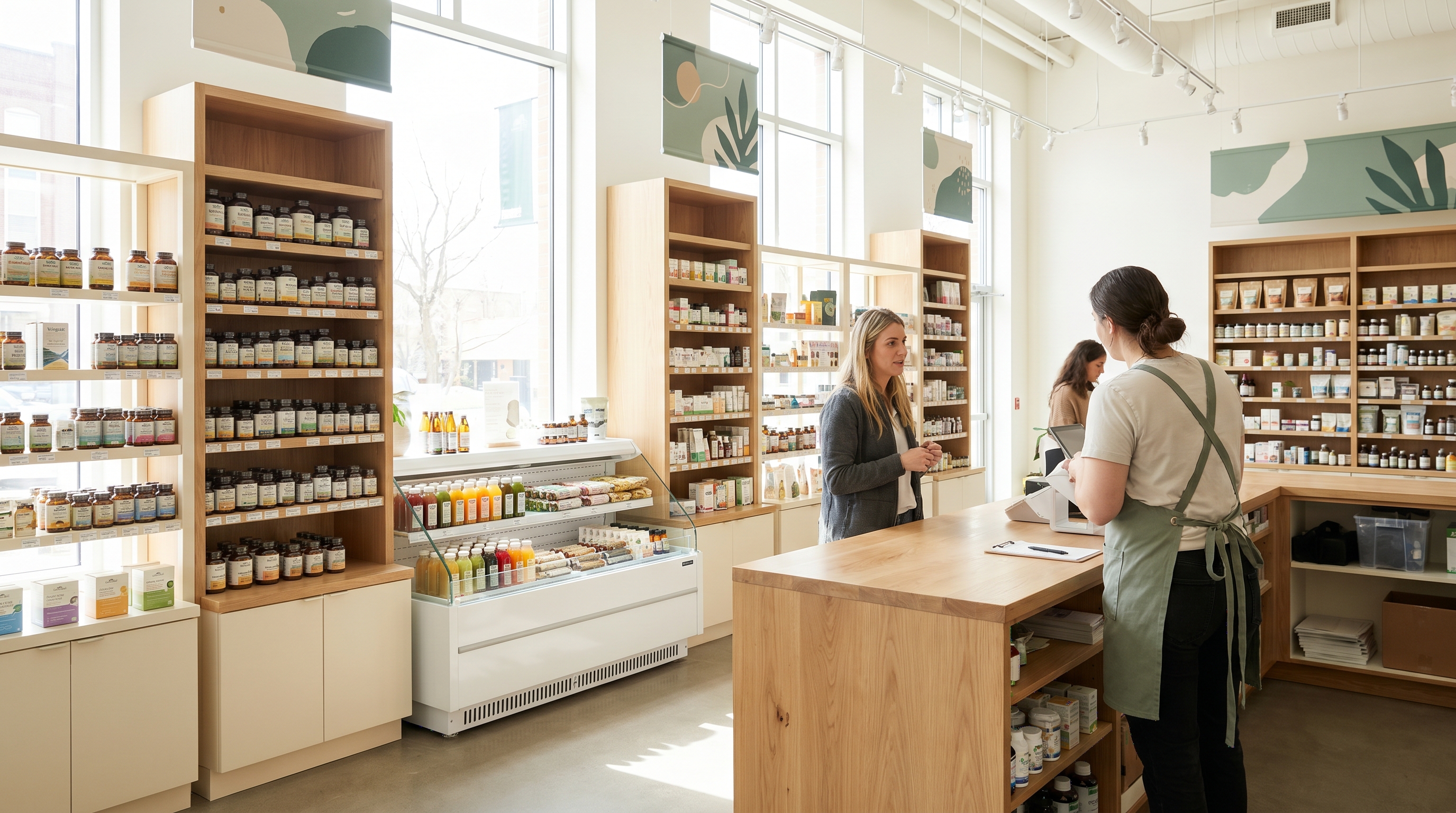 Modern wellness store interior with vitamin and supplement shelving, a refrigerated functional-beverage display, and staff consulting a customer.